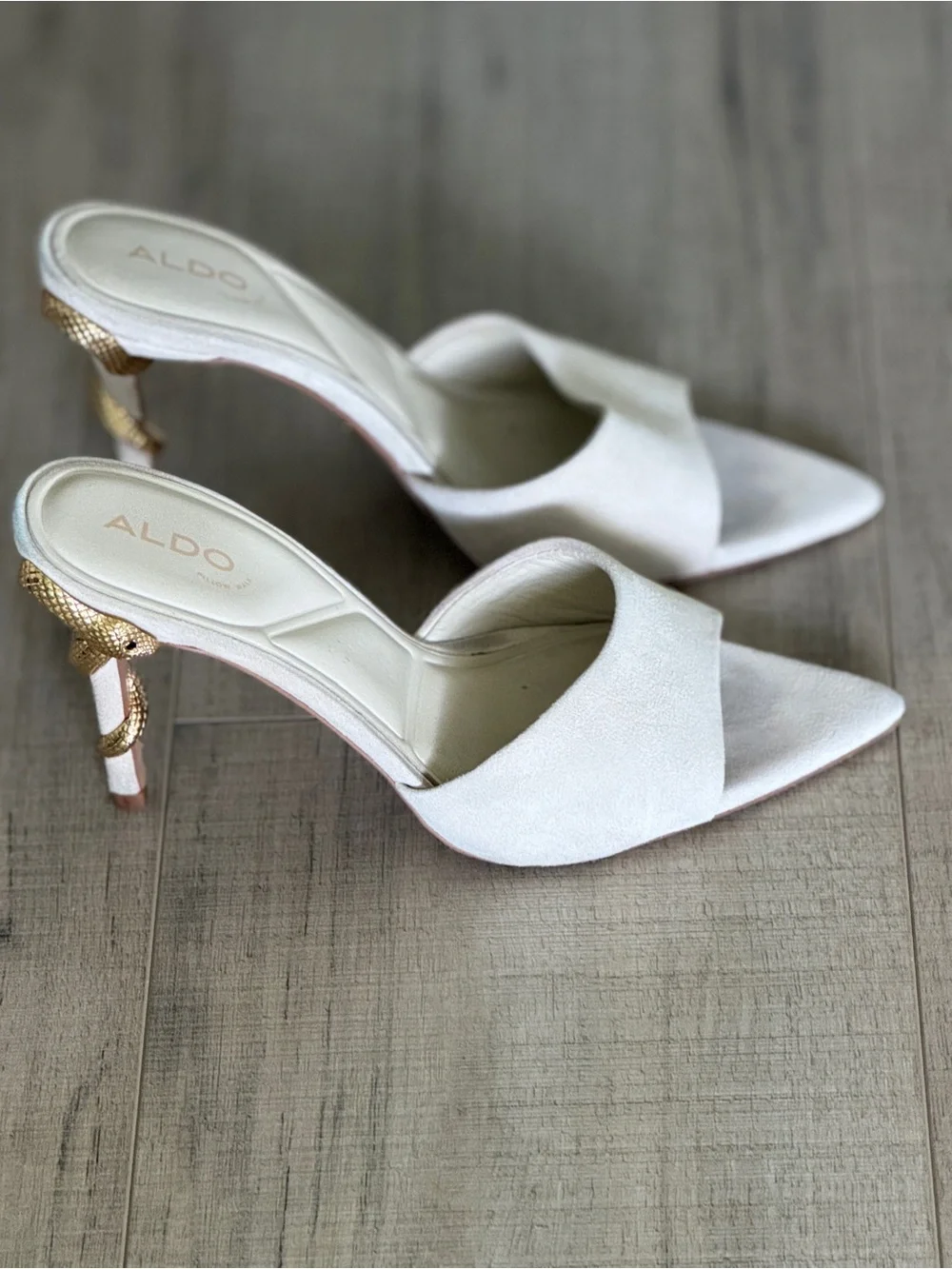 ALDO Cream Slide Mule with Gold Snake-Detail Stiletto